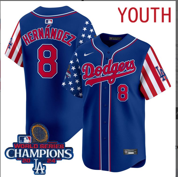 Youth MLB Los Angeles Dodgers #8 Hernandez American Style blue 2024 World Series Champions  Limited Jersey